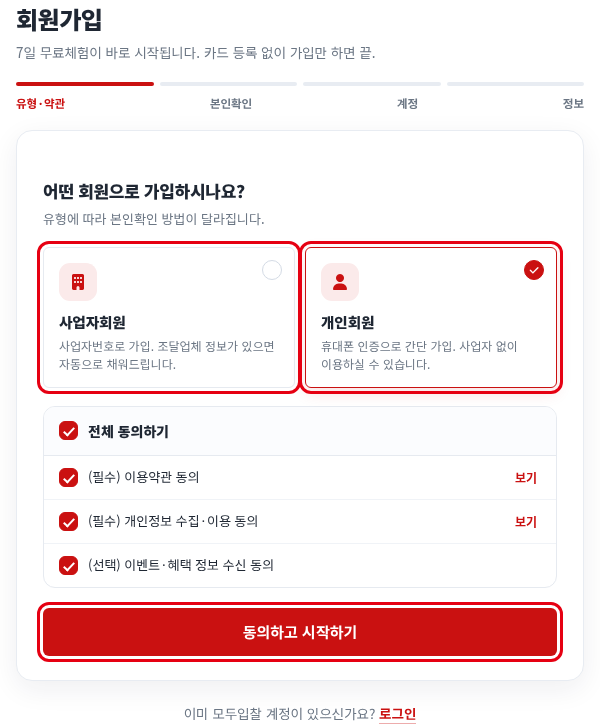 개인회원 선택 후 약관 전체 동의 — [동의하고 시작하기] — 모두입찰 회원가입 사용법 — 모두입찰 회원가입 방법, 사업자·개인회원 단계별 정리