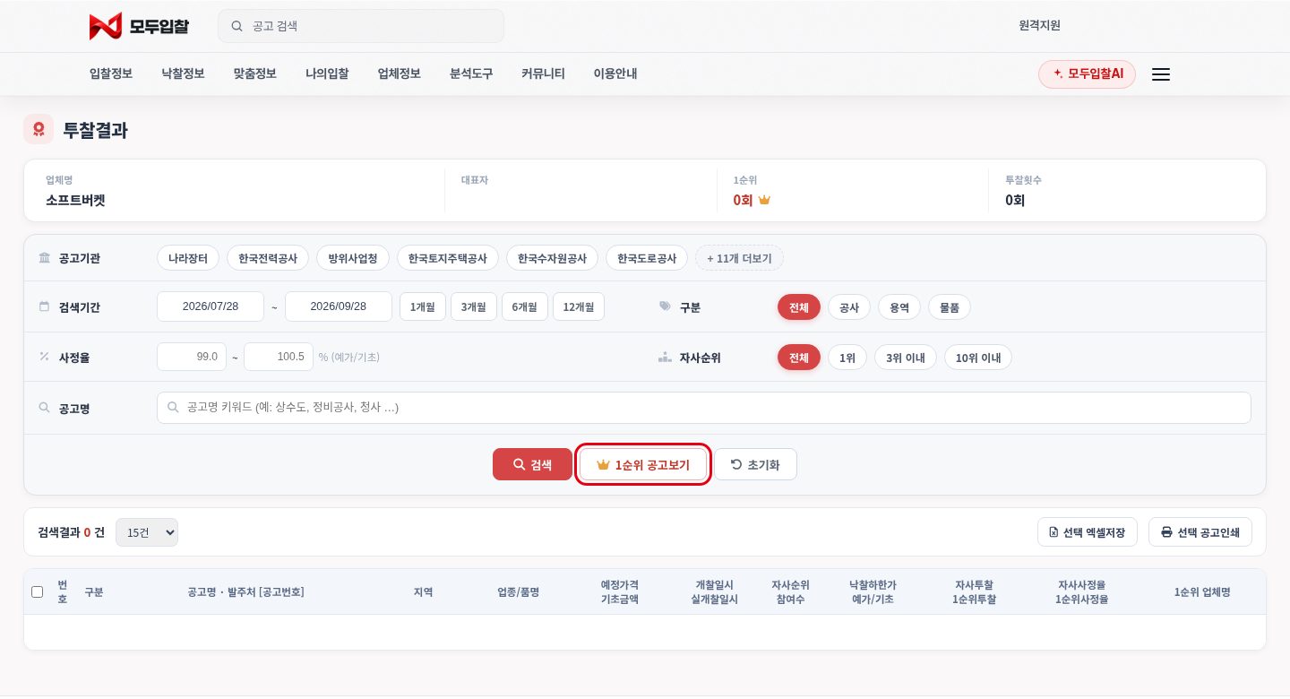 투찰결과 — 우리 회사 개찰 결과 조회 — 모두입찰 나의입찰 사용법 — 모두입찰 내공고함·투찰결과 사용법, 우리 입찰 한곳에서 관리하기