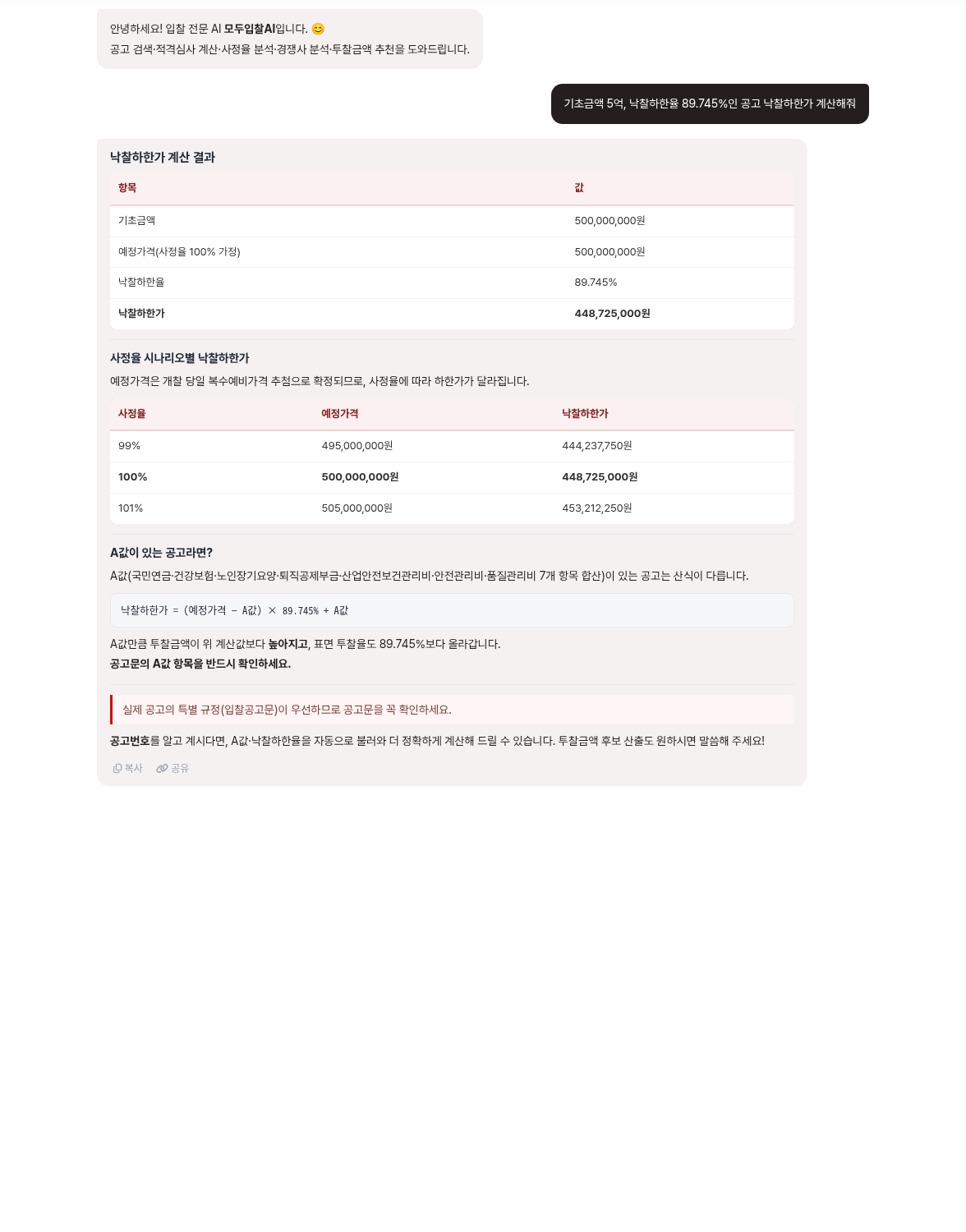 질문 예시 ① 낙찰하한가 계산 — 모두입찰 모두입찰AI 사용법 — 모두입찰AI 사용법, 입찰 질문 이렇게 물어보면 됩니다