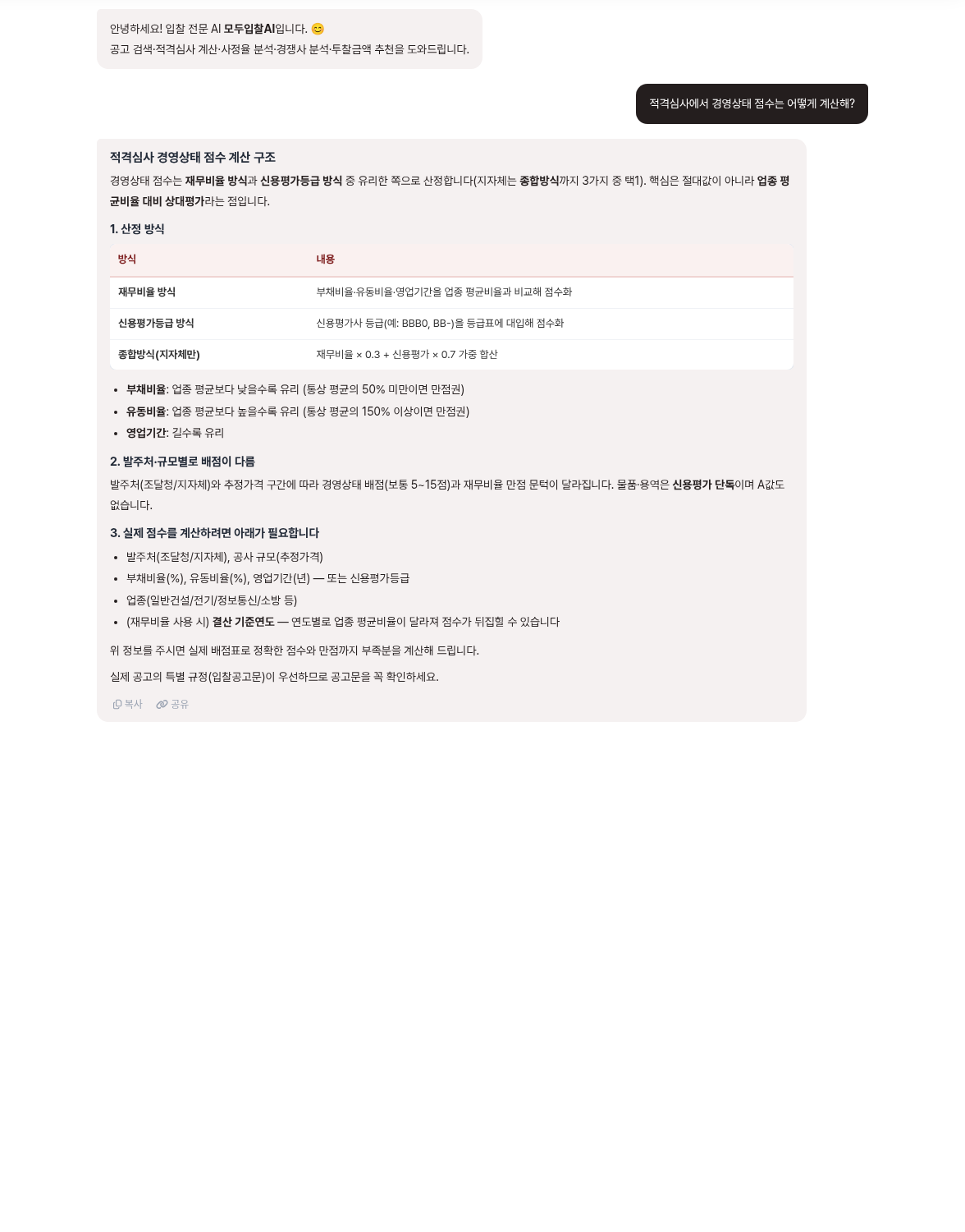 질문 예시 ② 적격심사 경영상태 점수 — 모두입찰 모두입찰AI 사용법 — 모두입찰AI 사용법, 입찰 질문 이렇게 물어보면 됩니다