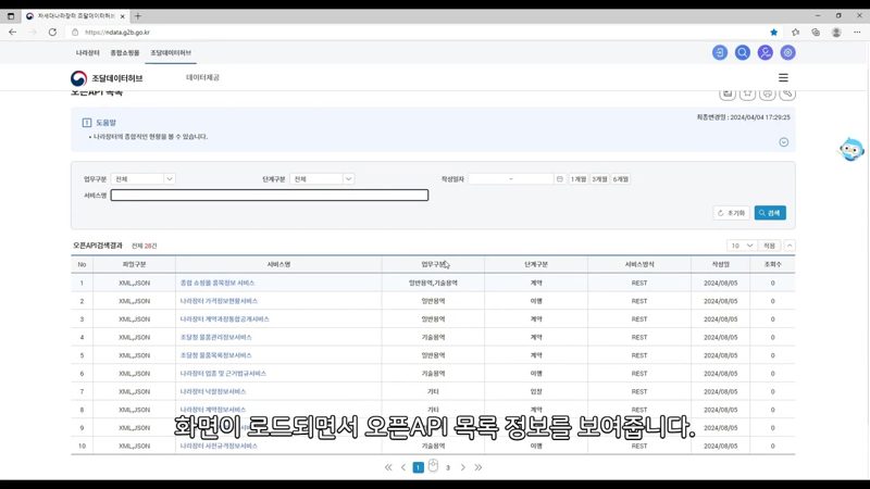 검색조건 선택 후 목록 확인 화면 — 조달데이터허브 오픈API 목록 조회법