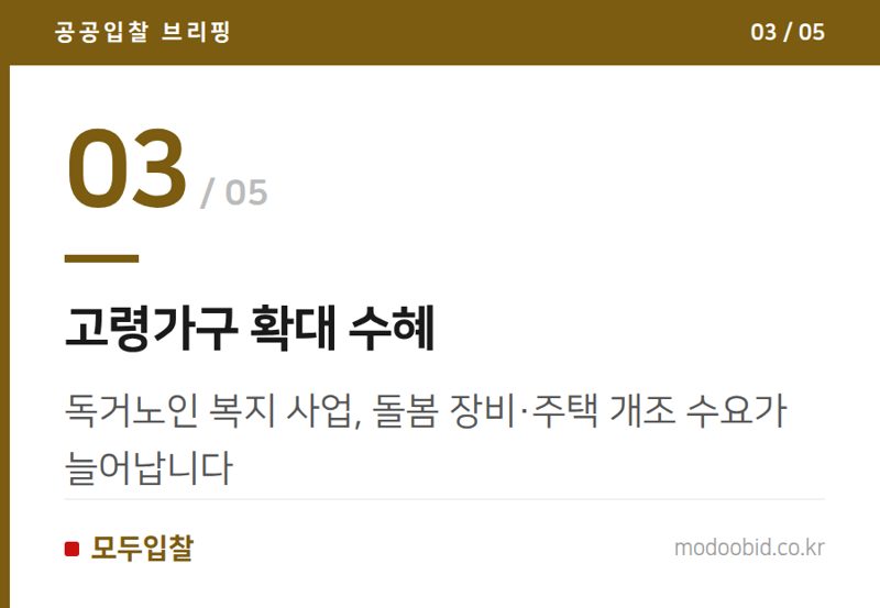 고령가구 확대 수혜 — 공공조달 시장 판도 변화: 신설공사 줄고 유지보수 급증, 숨은 기회는?