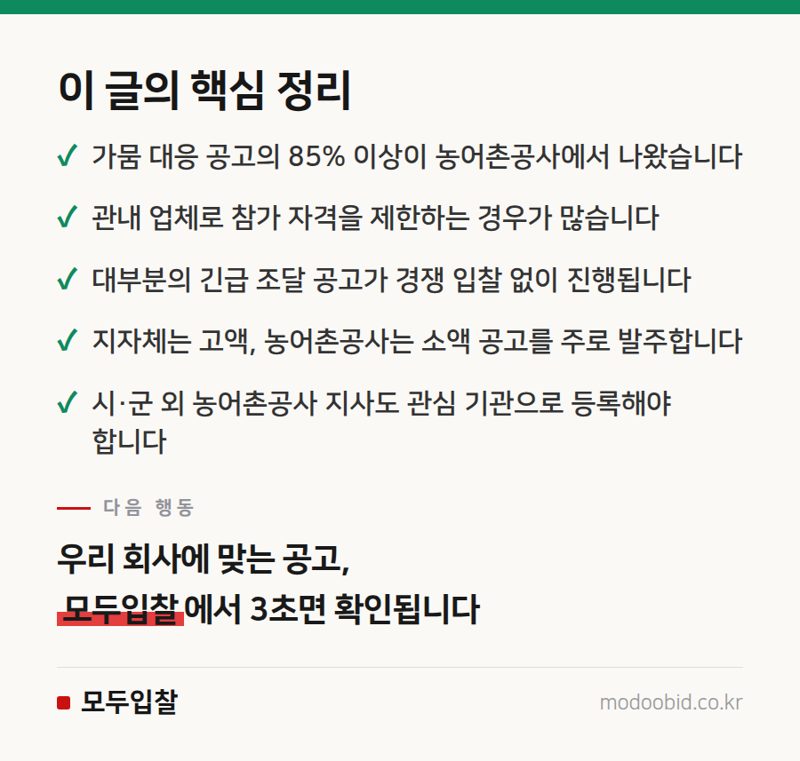 공공조달 가뭄 특수, 농어촌공사에 숨은 기회와 지자체 지역 제한 핵심 정리